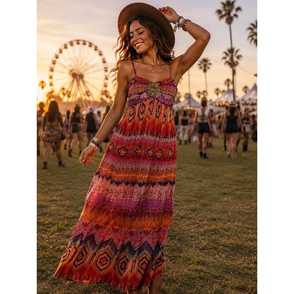 Boston Proper Muse Women's Sz 8 Boho Festival Maxi Dress Vibrant Aztec Coachella